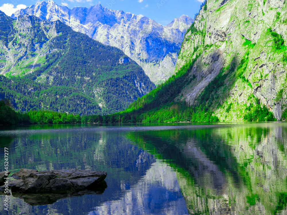 Lake Obersee, Berchtesgaden, Bavaria, germany. Nature landscape, reserve national park. Spectacular view Alps mountain and Lake Obersee. Konigsee panorama. 