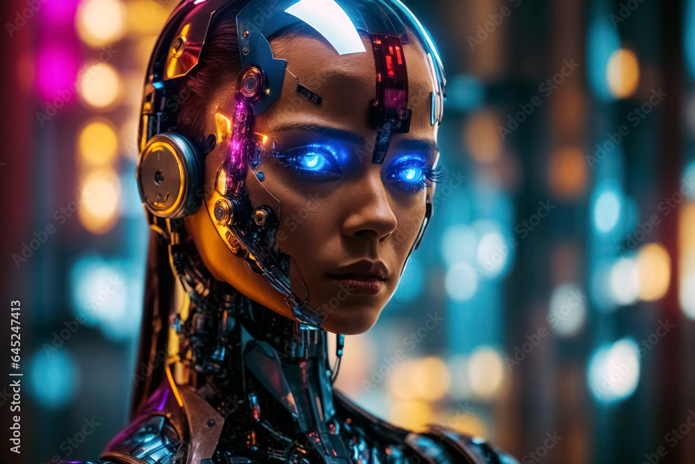 Female human-like cyber machine. Mix of android and artificial intelligence robot, closeup Female human-like cyber machine. Mix of android and artificial intelligence robot, closeup