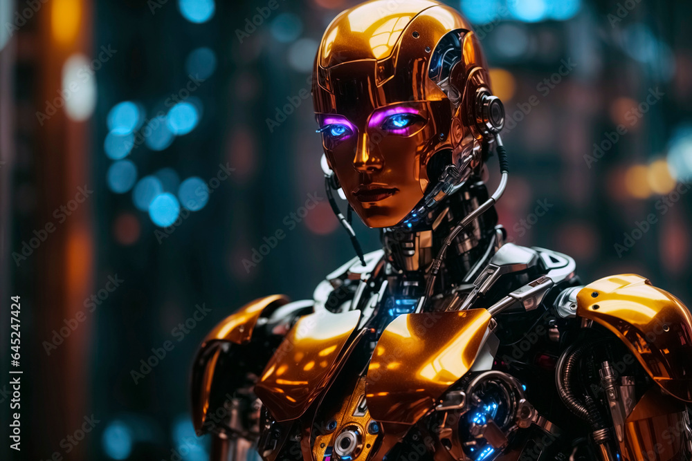 Female human-like cyber machine. Mix of android and artificial intelligence robot, closeup Female human-like cyber machine. Mix of android and artificial intelligence robot, closeup