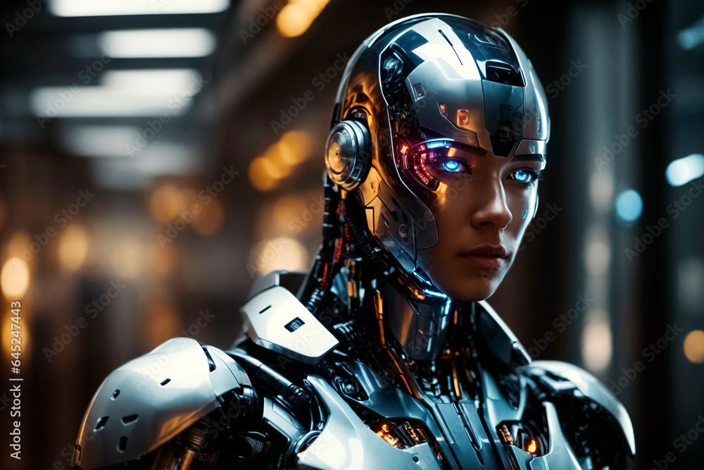 Female human-like cyber machine. Mix of android and artificial intelligence robot, closeup Female human-like cyber machine. Mix of android and artificial intelligence robot, closeup