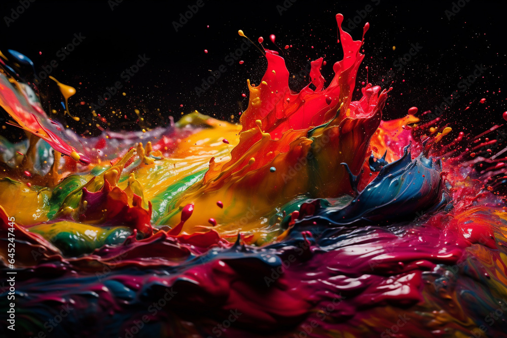 Colorful paint splashes isolated on black background, abstract background. generative ai