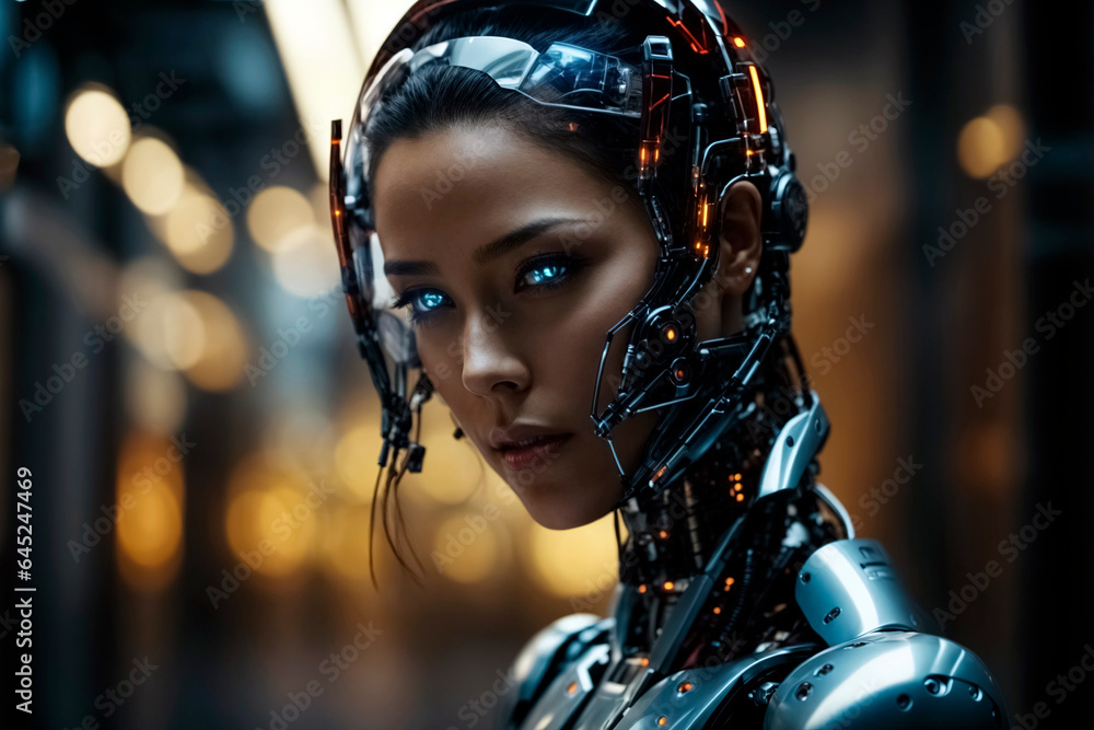 Female human-like cyber machine. Mix of android and artificial intelligence robot, closeup Female human-like cyber machine. Mix of android and artificial intelligence robot, closeup