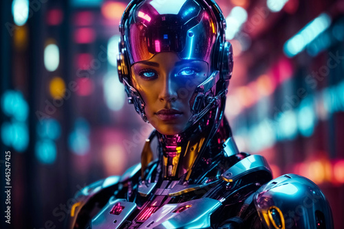 Female human-like cyber machine. Mix of android and artificial intelligence robot, closeup