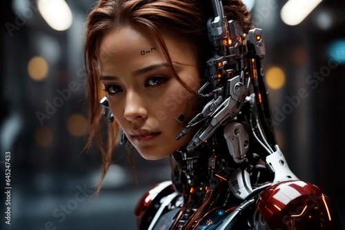 Female human-like cyber machine. Mix of android and artificial intelligence robot, closeup