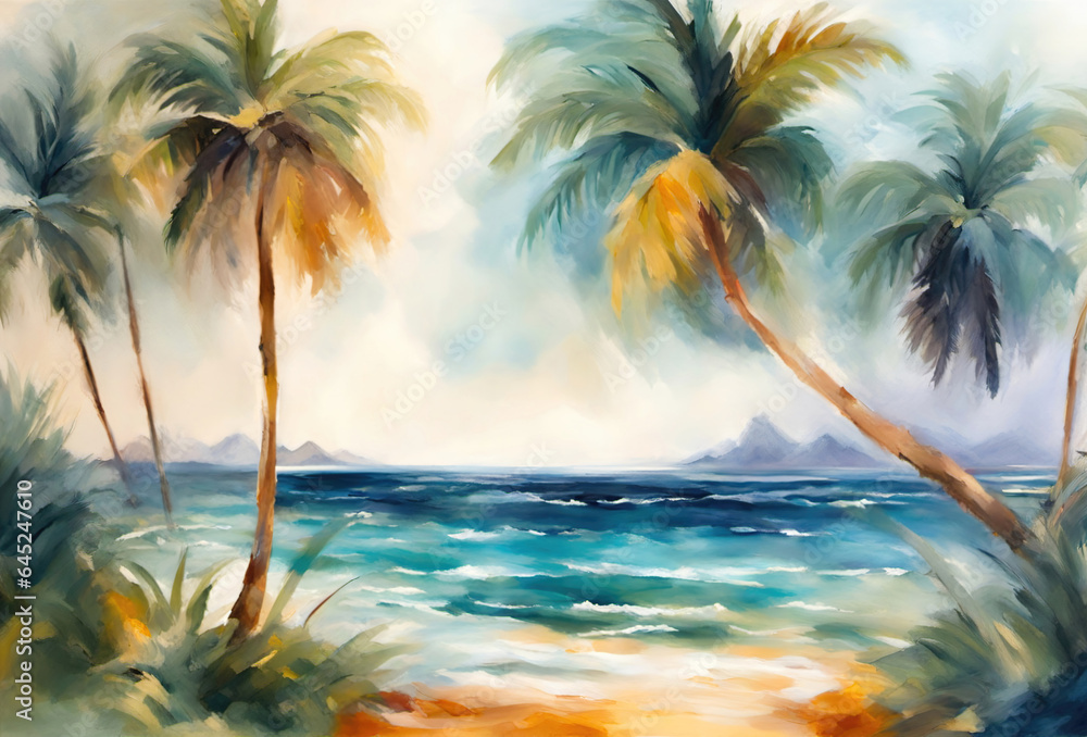 Palm tree on a tropical island with beach and sea waves, oil painting illustration.