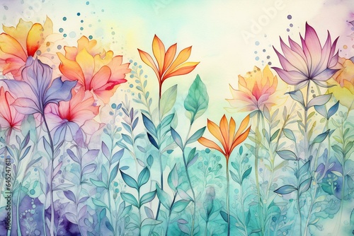 Abstract nature background with floral motifs created using watercolors. Generative AI