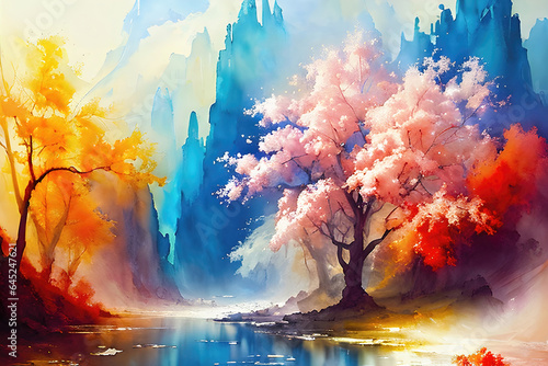 Watercolor landscape art with multicolored forest, surreal trees with colorful leaves, artistic vision of autumn.