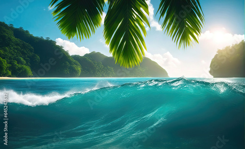 Rough tropical sea with beautiful giant waves with palm trees in the background.