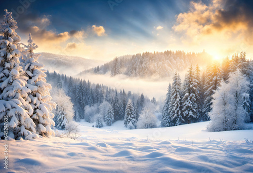 Winter view of falling snow and snow covered trees, festive magical winter background.