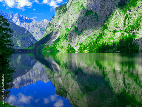 Lake Obersee  Berchtesgaden  Bavaria  germany. Nature landscape  reserve national park. Spectacular view Alps mountain and Lake Obersee. Konigsee panorama. 