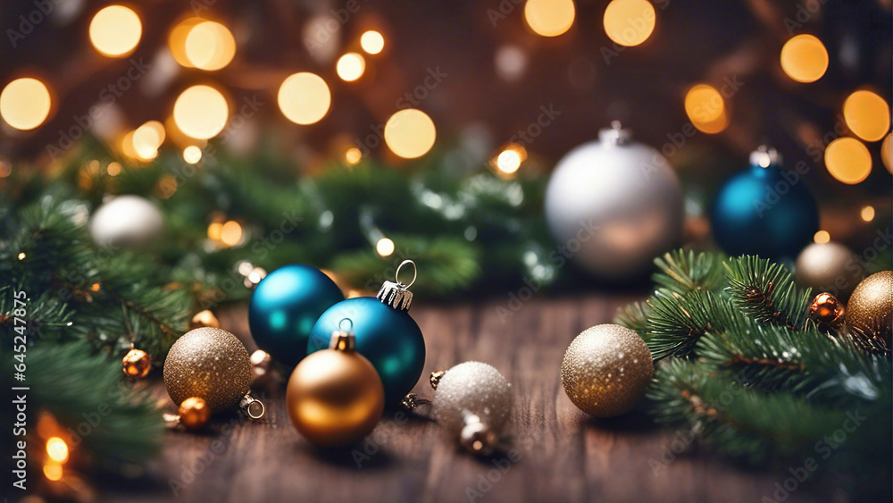 Christmas background with shiny balls, Christmas tree and blurred lights. Christmas background with shiny balls, Christmas tree and blurred lights.
