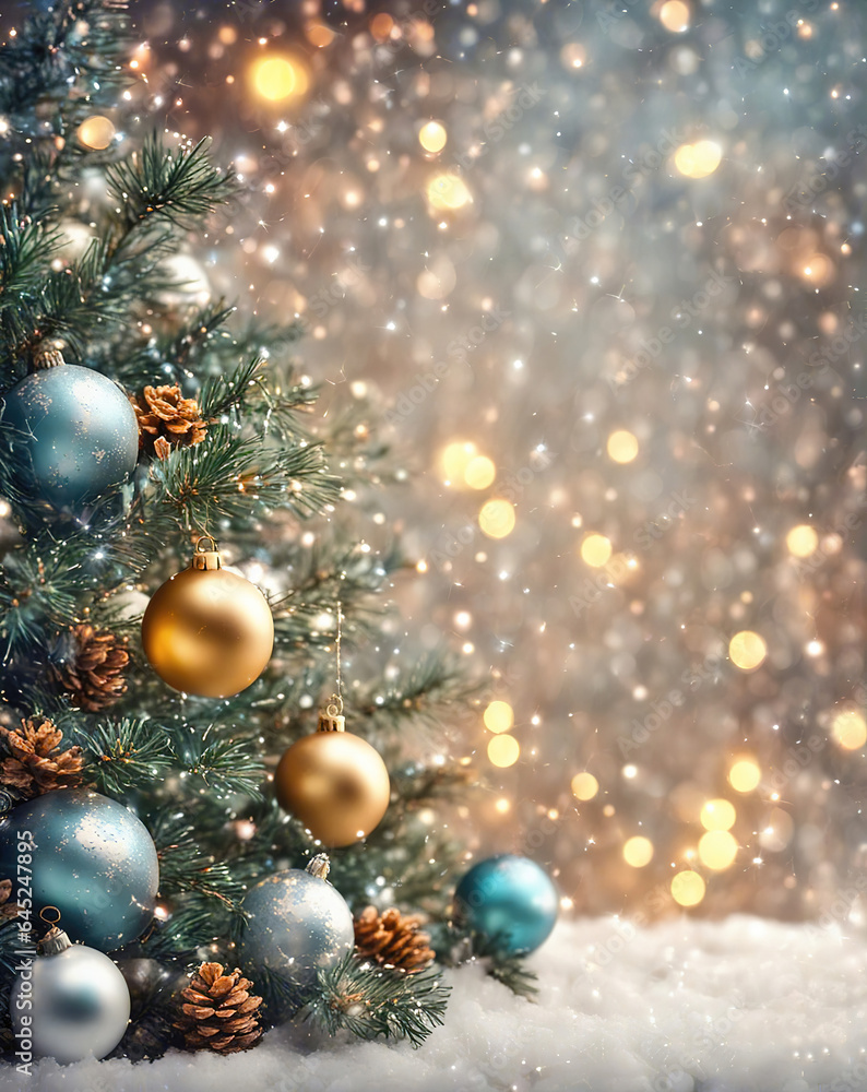 Christmas background with shiny balls, Christmas tree and blurred lights. Christmas background with shiny balls, Christmas tree and blurred lights.