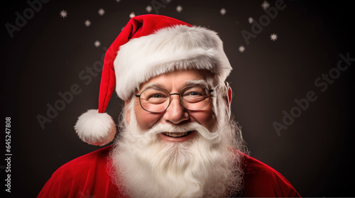 Happy cheerful handsome beard Santa Claus wearing red hat and costume looking directly at camera smiling without teeth christmas gifts atmosphere in snowfall