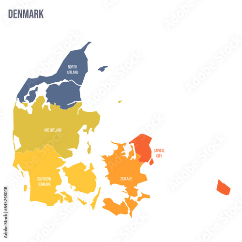 Denmark political map of administrative divisions - regions. Colorful spectrum political map with labels and country name.