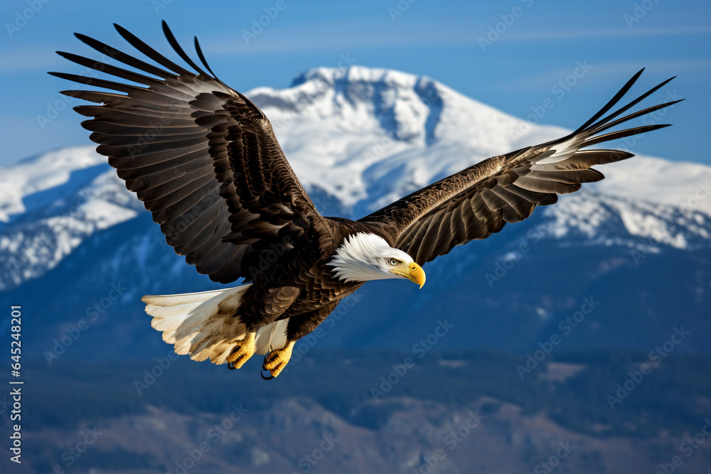 Obraz premium a bald eagle flying over a mountain range
