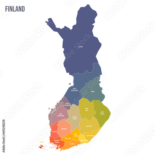 Finland political map of administrative divisions - regions and one autonomous region of Aland. Colorful spectrum political map with labels and country name.