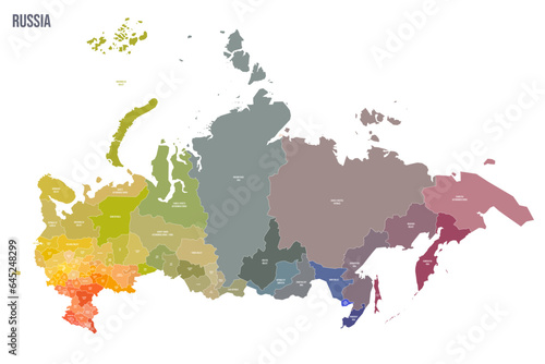 Russia political map of administrative divisions - oblasts, republics, autonomous okrugs, krais, autonomous oblast and 2 federal cities of Moscow and Saint Petersburg. Colorful spectrum political map