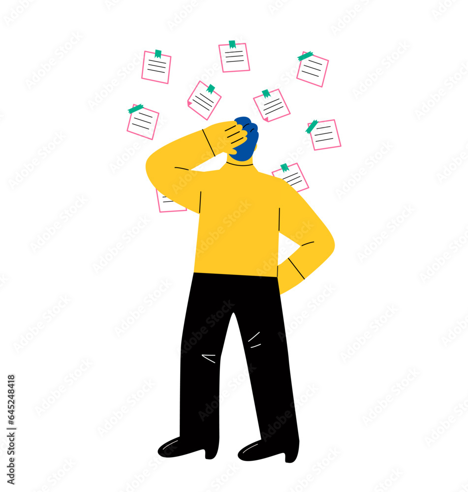 Business man frustrated standing with many reminders on wall. Much work and reminders concept. Flat vector illustration isolated on white background Business man frustrated standing with many reminders on wall. Much work and reminders concept. Flat vector illustration isolated on white background