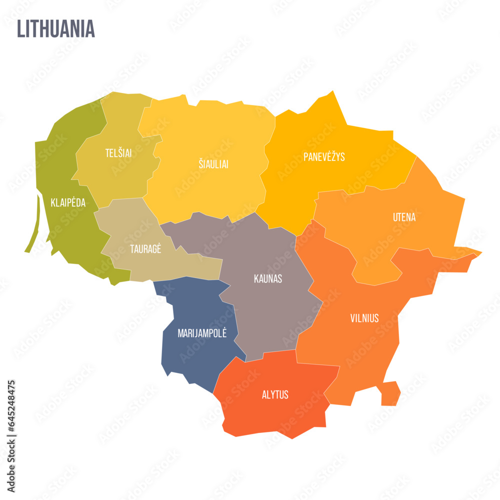 Lithuania political map of administrative divisions - counties. Colorful spectrum political map with labels and country name. Lithuania political map of administrative divisions - counties. Colorful spectrum political map with labels and country name.