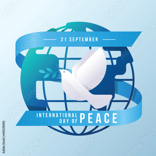 International day of peace - White peace bird flying and holding olive leaves on circle globe with blue ribbon roll around vector design