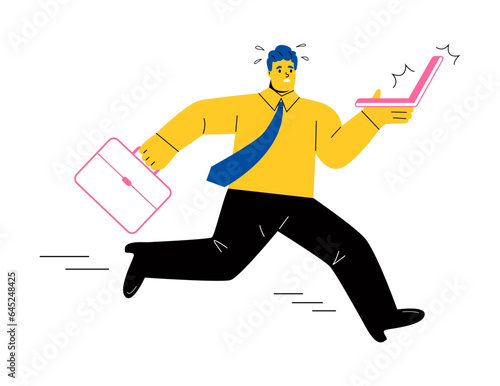 Business man running fast, hurrying to be in time at work. Flat vector illustration isolated on white background