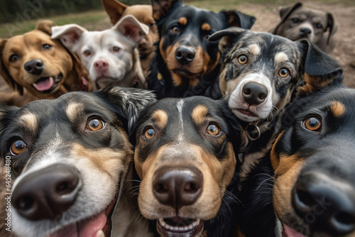 selfie of a group of dogs on a background of other dogs generative ai