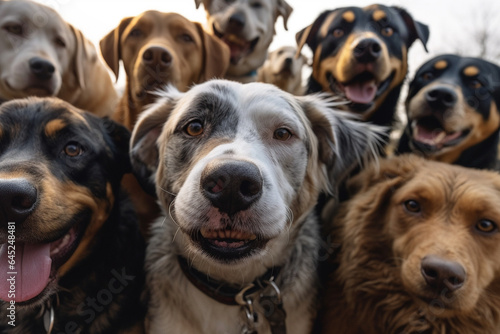 selfie of a group of dogs on a background of other dogs generative ai