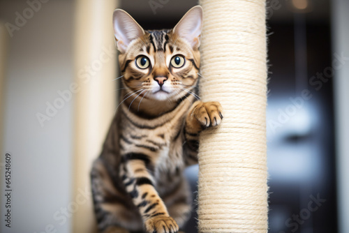a cat is standing on a scratching post