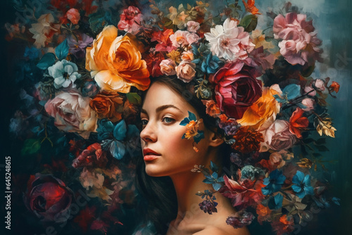 Portrait of a beautiful young woman on a colorful floral background. generative ai