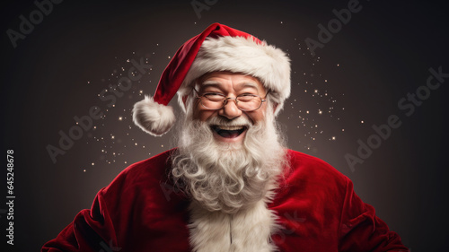 Positive smiley cheerful happy elderly Santa Claus wearing red hat and costume pants over dark background