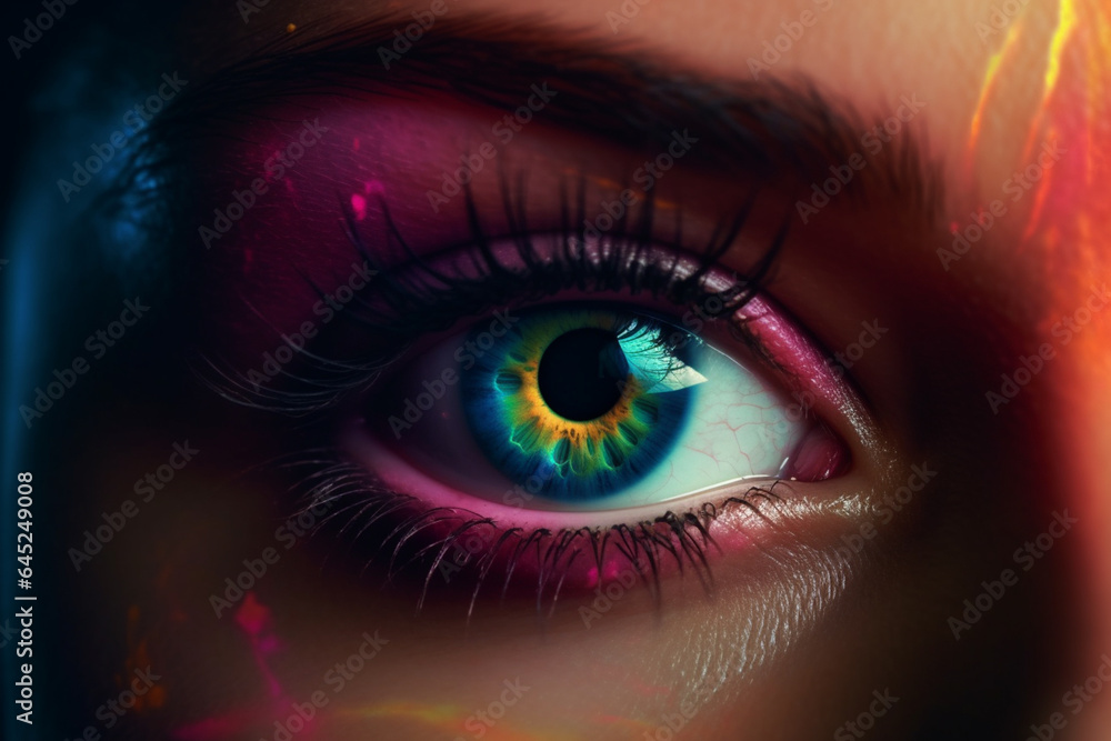 Close-up of beautiful woman's eye with bright make up. generative ai