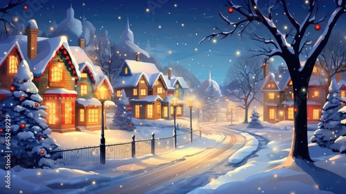 Glittering lights adorn homes and streets, casting a warm glow on a winter wonderland. © Kanisorn