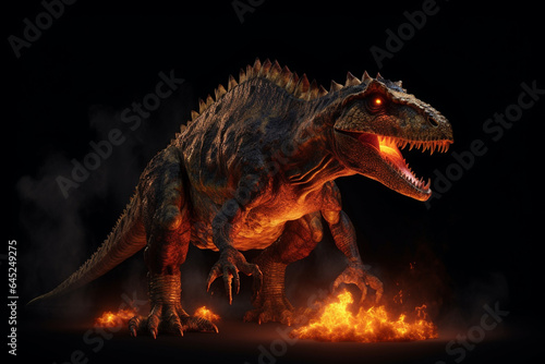 Dinosaur in fire  3d rendering. Computer digital drawing. generative ai
