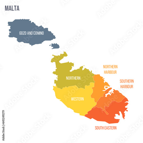 Malta political map of administrative divisions - regions. Colorful spectrum political map with labels and country name.