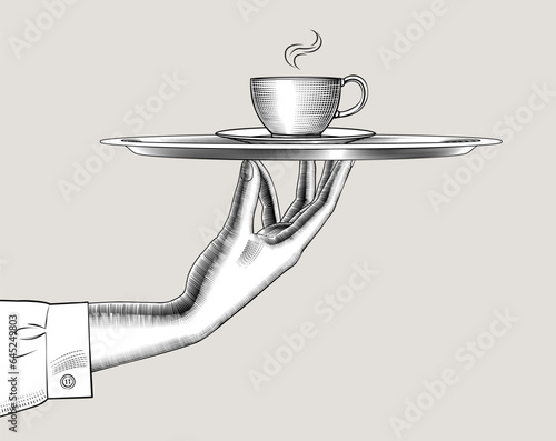 A woman's hand holds a cup of hot coffee on a tray. Vintage stylized drawing. Vector illustration