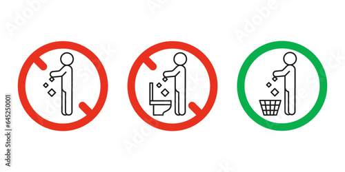 Rule take out trash in basket but not in toilet pan, prohibition warning sign. Do not throw garbage in toilet. Can throw rubbish into trash can. Problem of planet pollution, clean. Vector illustration