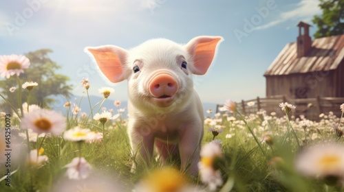 adorable image of a happy and healthy piglet on a sunny day at a picturesque farm.
