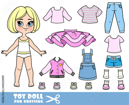 Cartoon blond girl with short bob and clothes separately -   pink long sleeve, tutu, t-shirts, sandals, jacket, shorts,jeans and sneakers