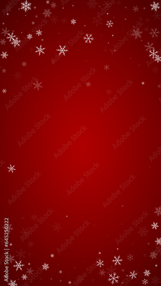 Magic falling snow christmas background. Subtle flying snow flakes and stars on christmas red background. Magic falling snow holiday scenery. Vertical vector illustration. Magic falling snow christmas background. Subtle flying snow flakes and stars on christmas red background. Magic falling snow holiday scenery. Vertical vector illustration.
