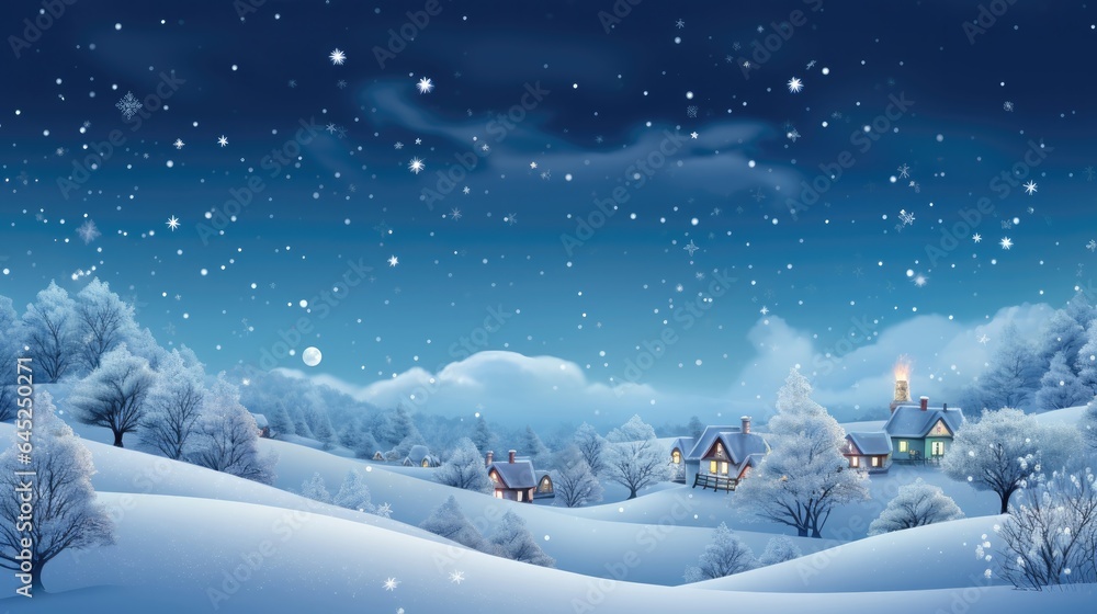 Fototapeta premium Snowflakes gently fall from a starry sky, covering homes in a shimmering white blanket, creating a picturesque Christmas scene.