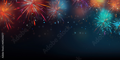 new year's eve banner with colorful fireworks in the night sky, copy space