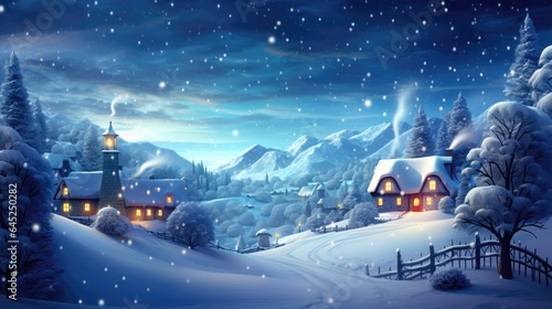 Snowflakes gently fall from a starry sky, covering homes in a shimmering white blanket, creating a picturesque Christmas scene.