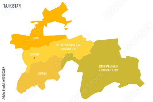 Tajikistan political map of administrative divisions - regions, autonomous region of Gorno-Badakhshan, districts of Republican Subordination and capital city of Dushanbe. Colorful spectrum political
