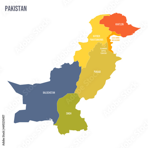 Pakistan political map of administrative divisions - provinces and autonomous territories. Colorful spectrum political map with labels and country name.