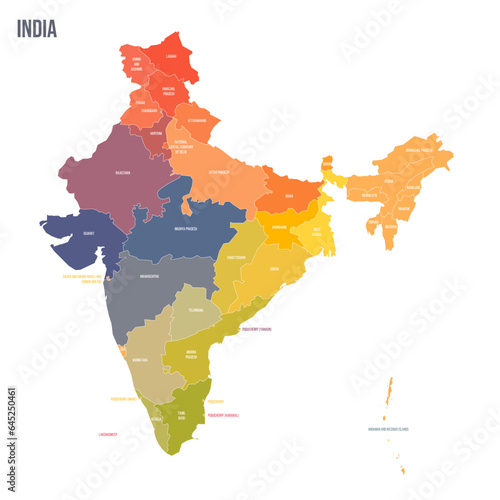 India political map of administrative divisions - states and union teritorries. Colorful spectrum political map with labels and country name.