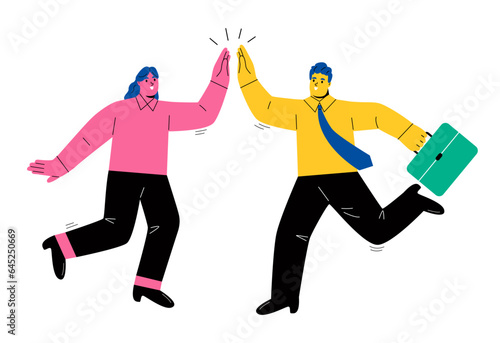 Happy businessman and woman teamwork coworkers jumping and hi five clapping hands. Team success winners. Flat vector illustration isolated on white background