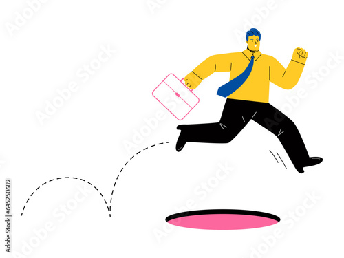 Business man jump pass pitfalls to achieve business success. Flat vector illustration isolated on white background