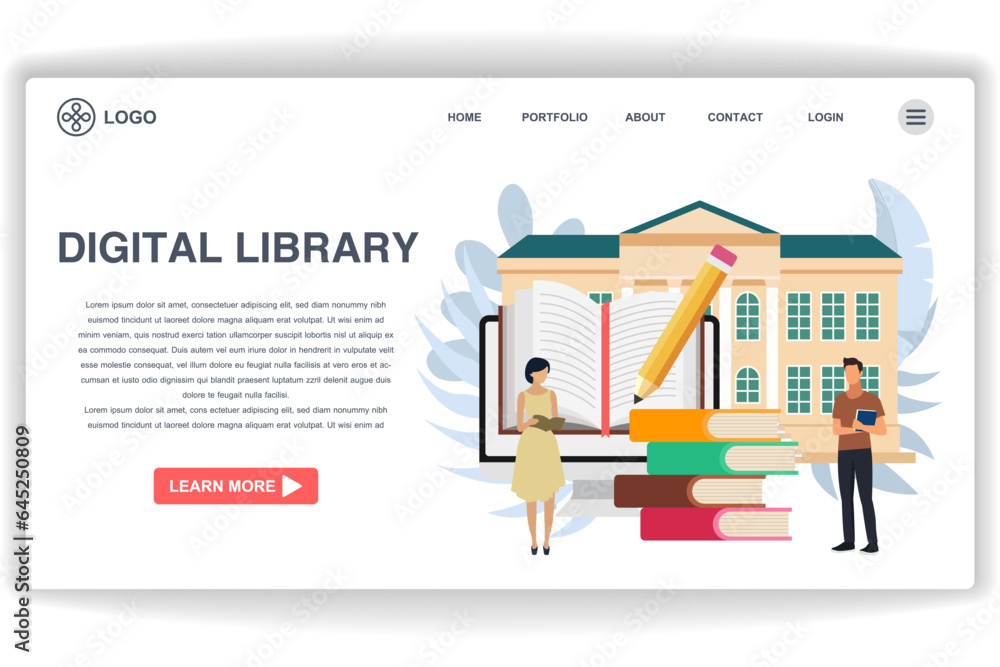 A woman reading a book. website page Digital Library. Modern flat design concept of web page design for website and mobile website