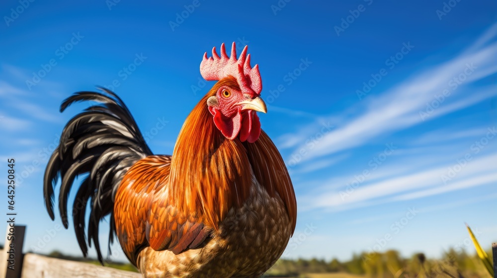 A close-up of a proud feathered rooster perched on a weather-beaten wooden fence, its bright plumage shining brightly against a clear blue sky