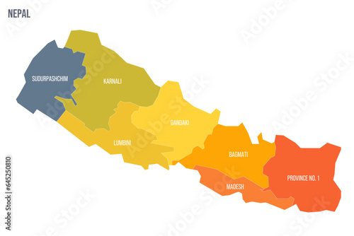 Nepal political map of administrative divisions - provinces. Colorful spectrum political map with labels and country name.